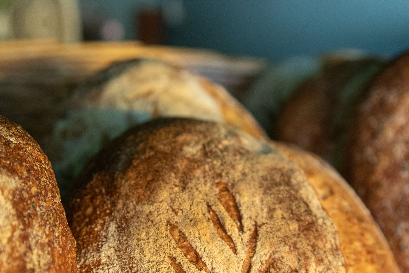Detalle de la corteza crujiente y el grabado de espiga del pan de masa madre